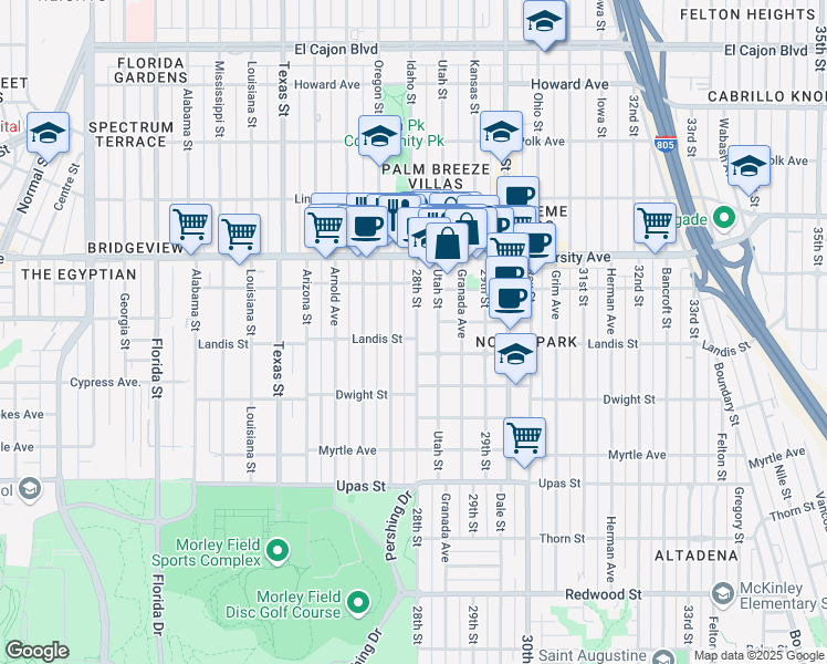 map of restaurants, bars, coffee shops, grocery stores, and more near 3754 28th Street in San Diego