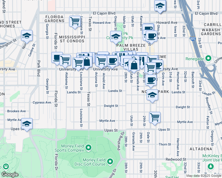 map of restaurants, bars, coffee shops, grocery stores, and more near 3739 Arnold Avenue in San Diego