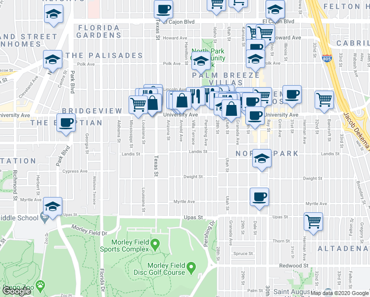 map of restaurants, bars, coffee shops, grocery stores, and more near 3739 Arnold Avenue in San Diego