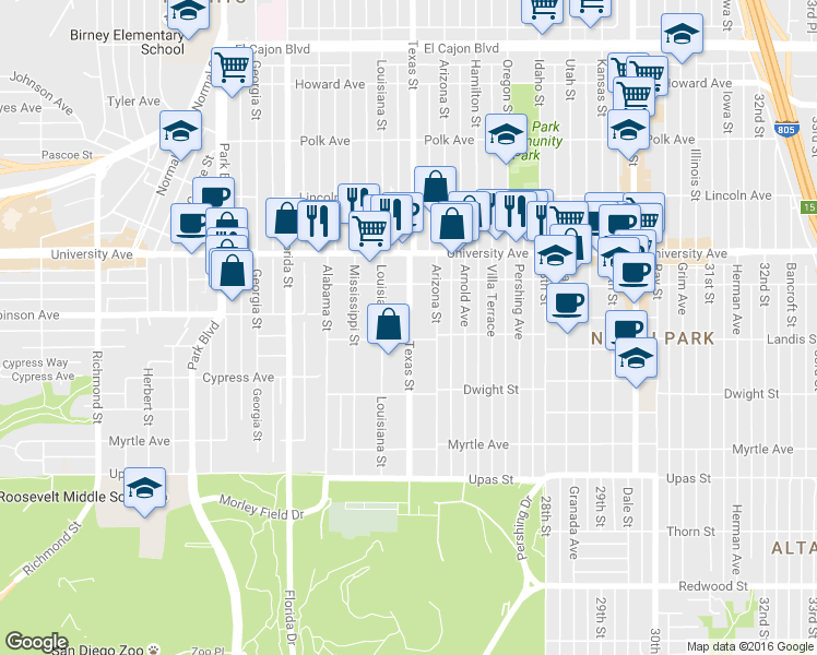 map of restaurants, bars, coffee shops, grocery stores, and more near 3741 Louisiana Street in San Diego