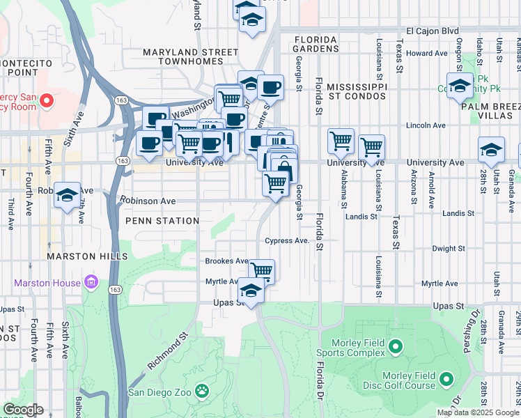 map of restaurants, bars, coffee shops, grocery stores, and more near 1762 1/2 Robinson Avenue in San Diego