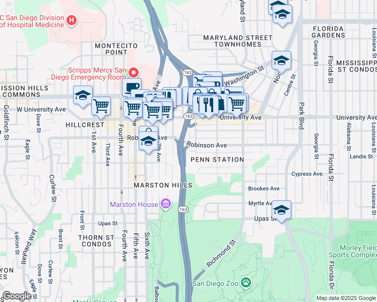 map of restaurants, bars, coffee shops, grocery stores, and more near in San Diego