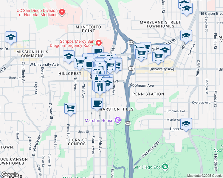 map of restaurants, bars, coffee shops, grocery stores, and more near in San Diego