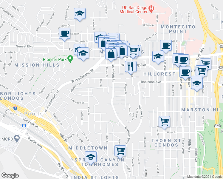 map of restaurants, bars, coffee shops, grocery stores, and more near 824 Sutter Street in San Diego