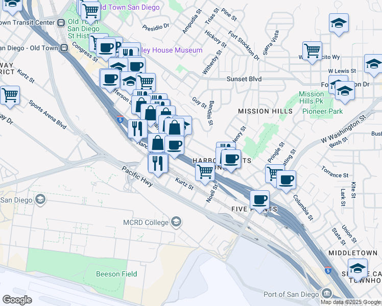 map of restaurants, bars, coffee shops, grocery stores, and more near 2120 San Diego Avenue in San Diego
