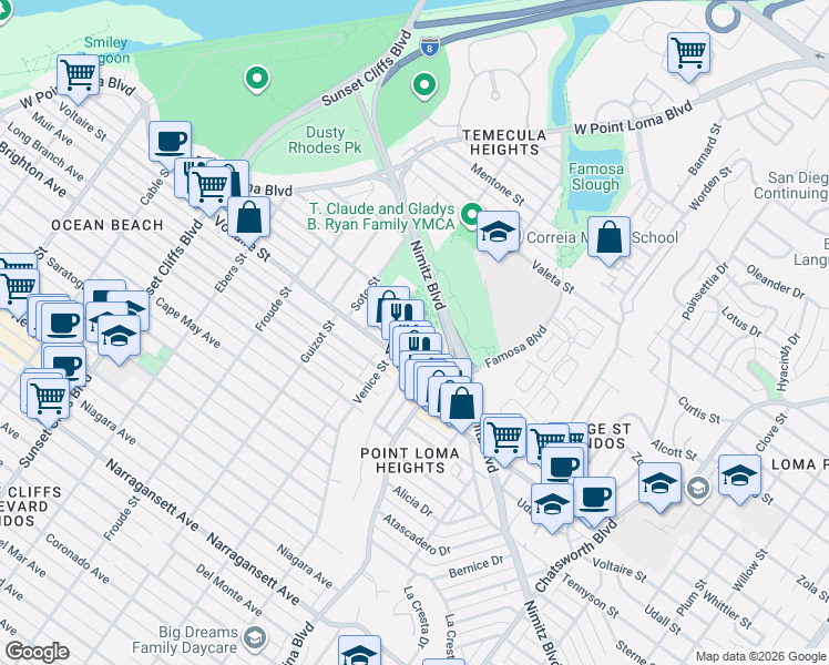 map of restaurants, bars, coffee shops, grocery stores, and more near 4358 Banning Street in San Diego
