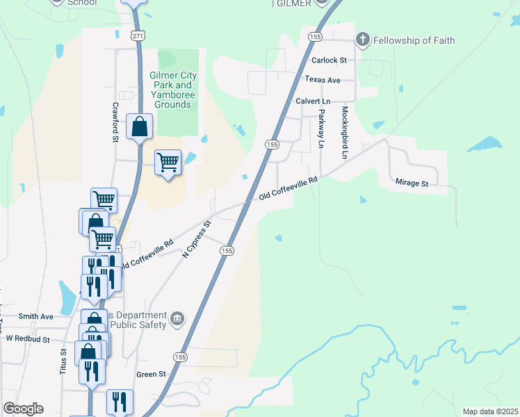 map of restaurants, bars, coffee shops, grocery stores, and more near 1278 Texas 155 in Gilmer