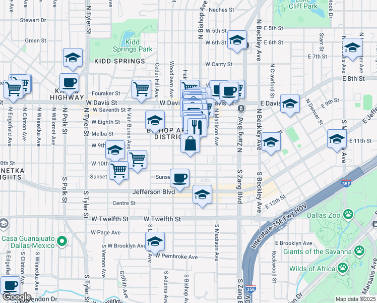map of restaurants, bars, coffee shops, grocery stores, and more near 425 West 9th Street in Dallas