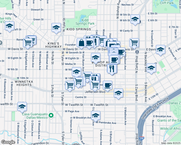 map of restaurants, bars, coffee shops, grocery stores, and more near 607 West 9th Street in Dallas