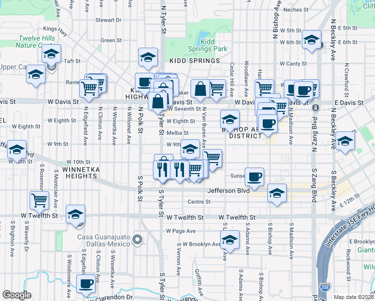 map of restaurants, bars, coffee shops, grocery stores, and more near 731 West 9th Street in Dallas