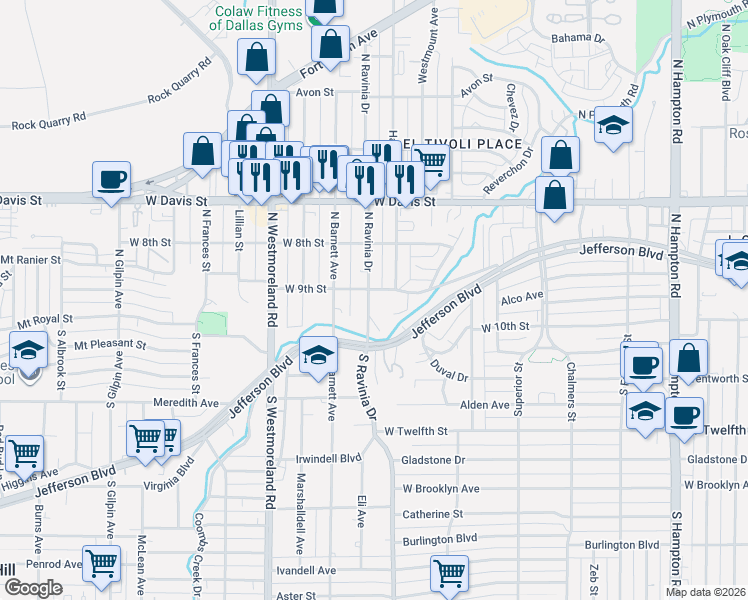 map of restaurants, bars, coffee shops, grocery stores, and more near 207 North Ravinia Drive in Dallas