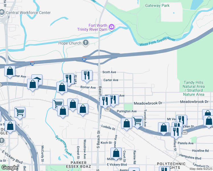 map of restaurants, bars, coffee shops, grocery stores, and more near 2608 Carter Avenue in Fort Worth