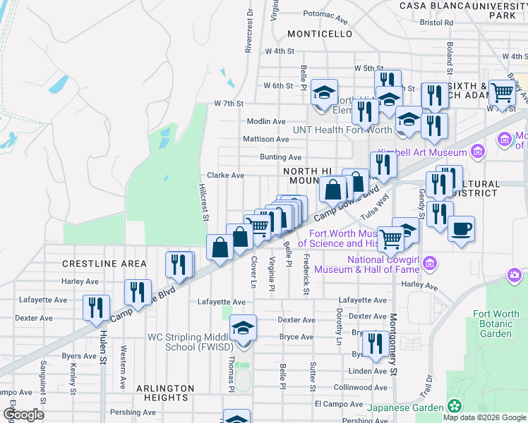 map of restaurants, bars, coffee shops, grocery stores, and more near 1312 Clover Lane in Fort Worth