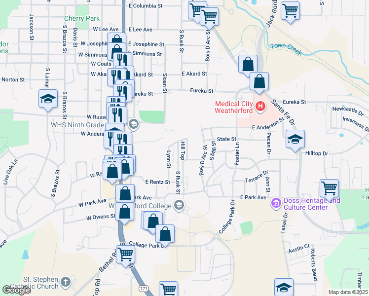 map of restaurants, bars, coffee shops, grocery stores, and more near 1101 South Rusk Street in Weatherford