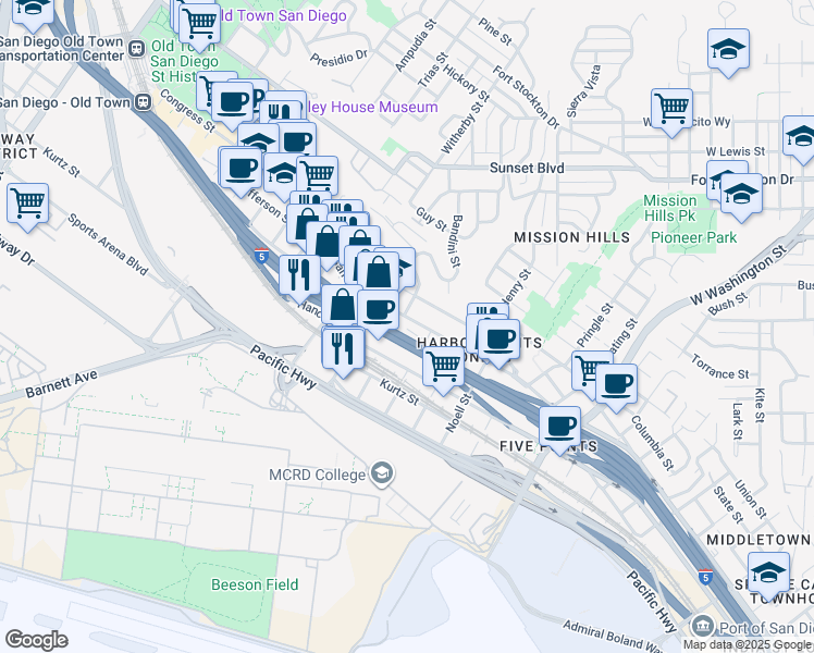 map of restaurants, bars, coffee shops, grocery stores, and more near 2120 San Diego Avenue in San Diego