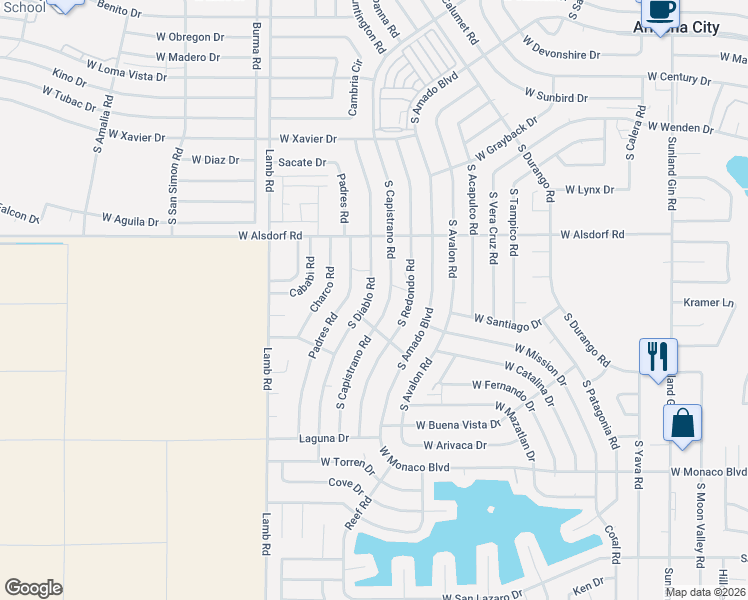 map of restaurants, bars, coffee shops, grocery stores, and more near 14673 South Diablo Road in Arizona City