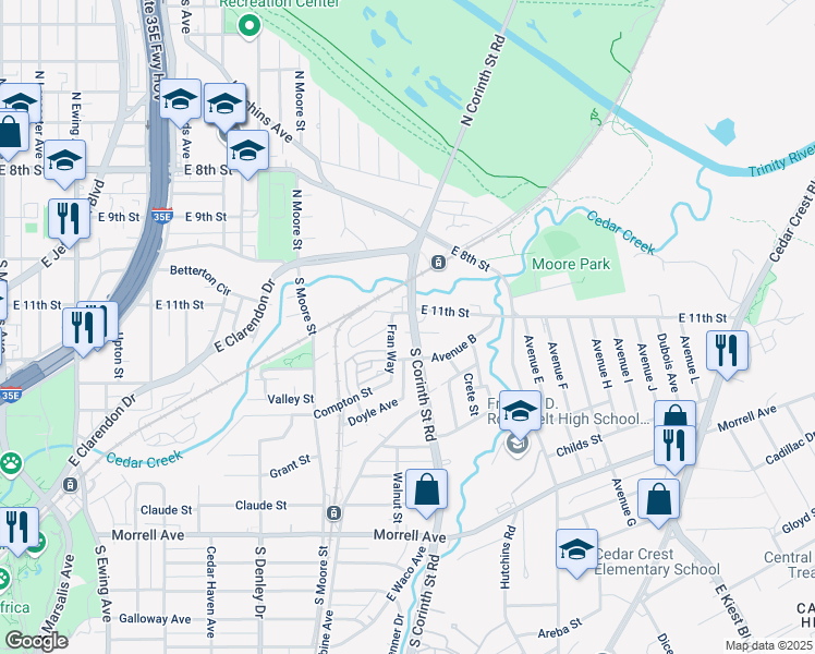 map of restaurants, bars, coffee shops, grocery stores, and more near 215 South Corinth Street Road in Dallas