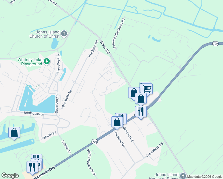 map of restaurants, bars, coffee shops, grocery stores, and more near 2 Stardust Way in Johns Island