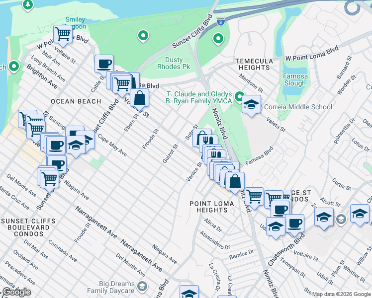 map of restaurants, bars, coffee shops, grocery stores, and more near 2218 Bolinas Street in San Diego