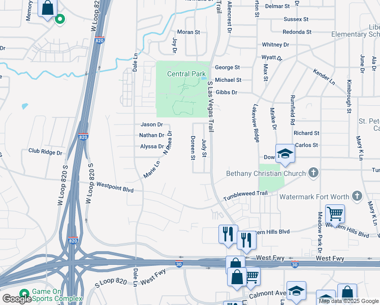 map of restaurants, bars, coffee shops, grocery stores, and more near 1108 Doreen Street in White Settlement