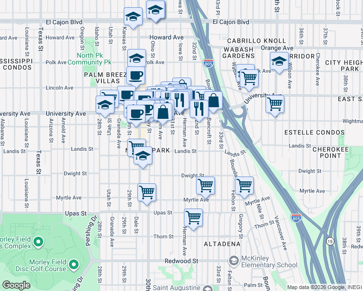 map of restaurants, bars, coffee shops, grocery stores, and more near 3716-18 Herman Avenue in San Diego
