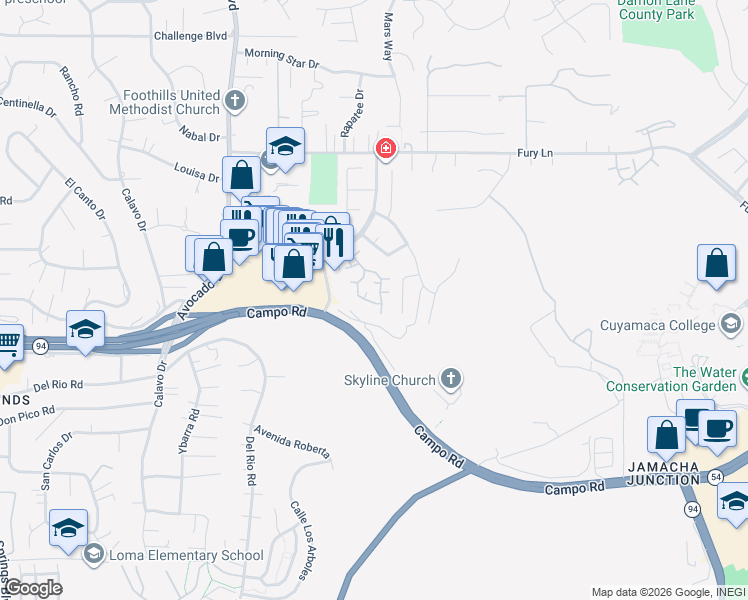 map of restaurants, bars, coffee shops, grocery stores, and more near 3617 Avocado Village Court in La Mesa