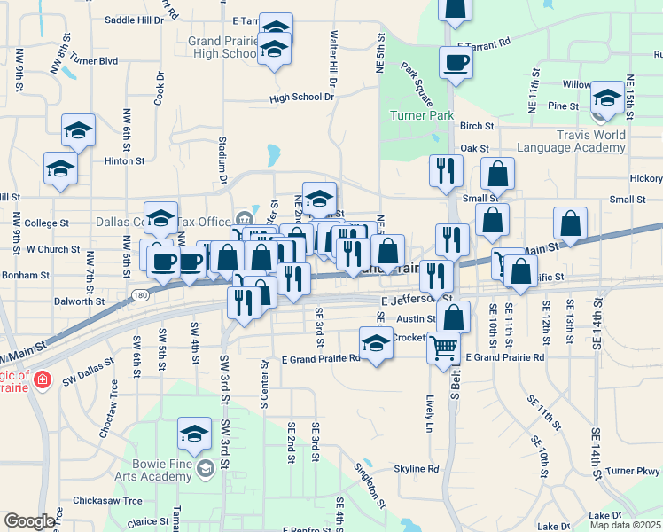 map of restaurants, bars, coffee shops, grocery stores, and more near 143-173 Northeast 3rd Street in Grand Prairie
