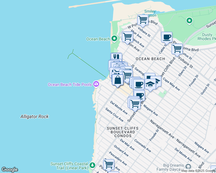 map of restaurants, bars, coffee shops, grocery stores, and more near 5058 Narragansett Avenue in San Diego