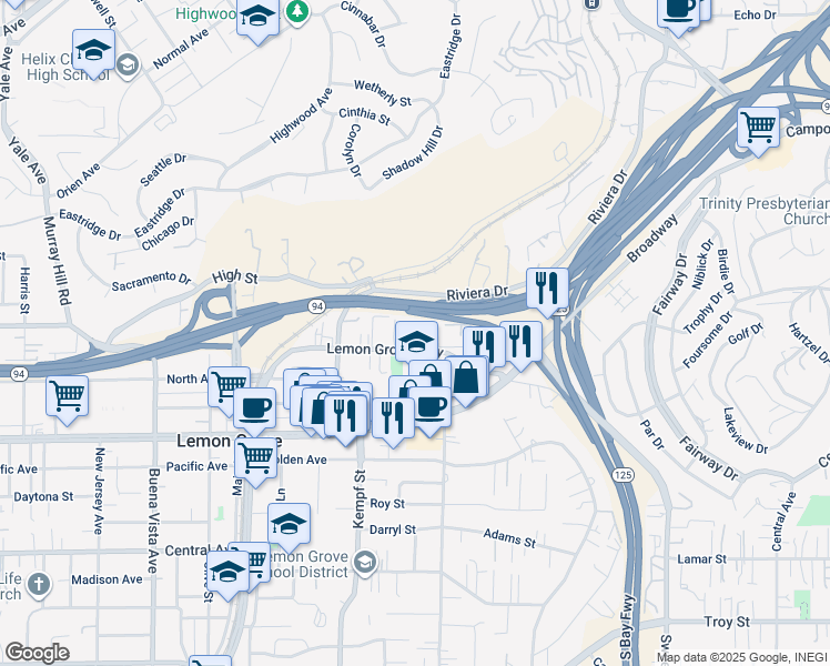 map of restaurants, bars, coffee shops, grocery stores, and more near 8144 Lemon Grove Way in Lemon Grove