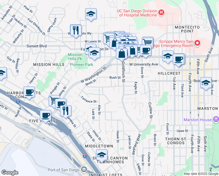 map of restaurants, bars, coffee shops, grocery stores, and more near 1136 Sutter Street in San Diego