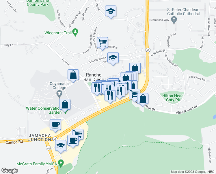 map of restaurants, bars, coffee shops, grocery stores, and more near 11418 Via Rancho San Diego in El Cajon