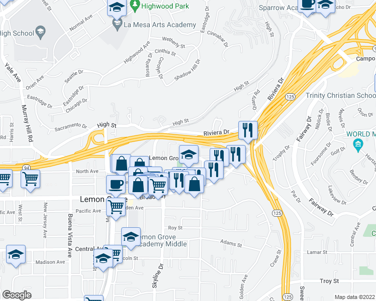 map of restaurants, bars, coffee shops, grocery stores, and more near 8146 Lemon Grove Way in Lemon Grove