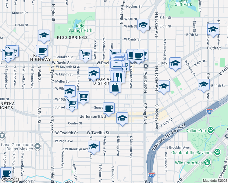 map of restaurants, bars, coffee shops, grocery stores, and more near 410 West 9th Street in Dallas