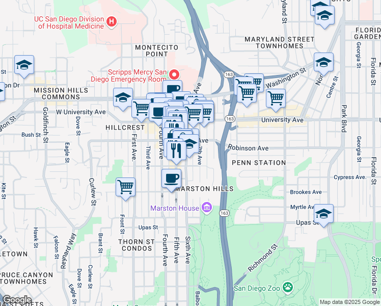 map of restaurants, bars, coffee shops, grocery stores, and more near in San Diego