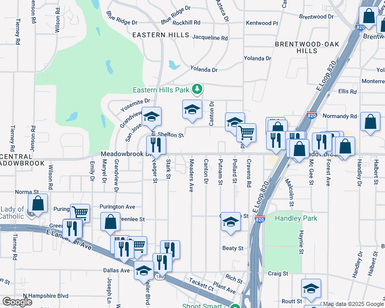 map of restaurants, bars, coffee shops, grocery stores, and more near 5801 Meadowbrook Drive in Fort Worth