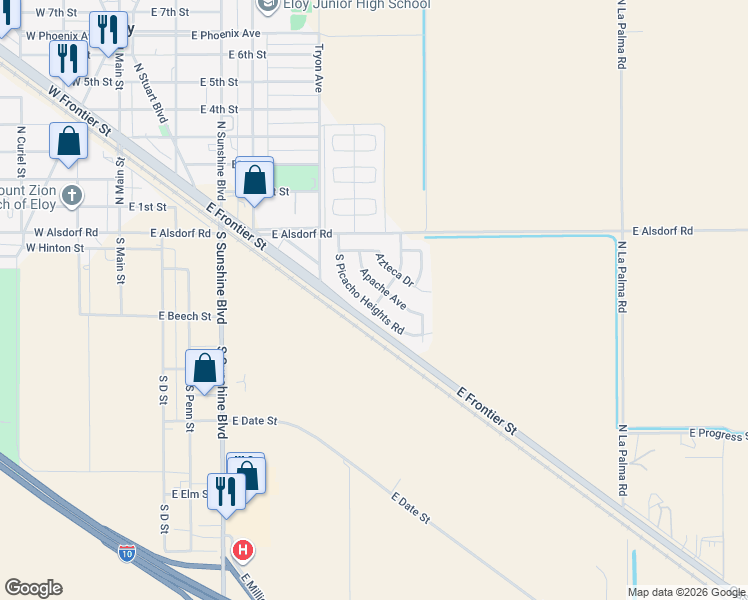 map of restaurants, bars, coffee shops, grocery stores, and more near 161 South Picacho Heights Road in Eloy