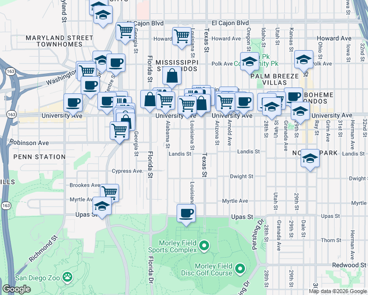 map of restaurants, bars, coffee shops, grocery stores, and more near 3749 Mississippi Street in San Diego