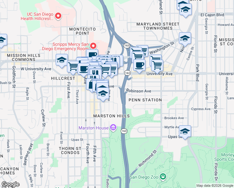 map of restaurants, bars, coffee shops, grocery stores, and more near 3776 8th Avenue in San Diego