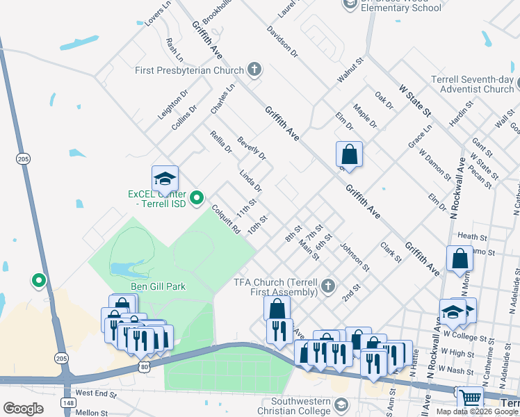map of restaurants, bars, coffee shops, grocery stores, and more near 1210 Main Street in Terrell