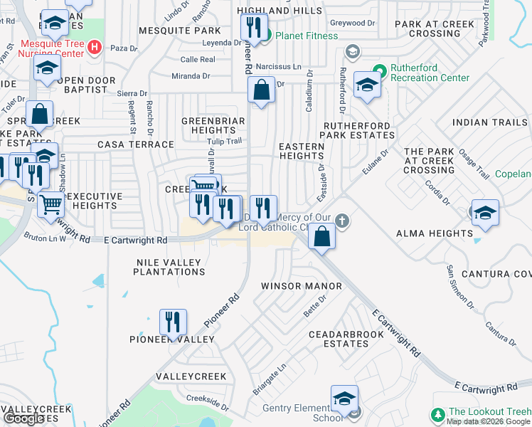 map of restaurants, bars, coffee shops, grocery stores, and more near 1454 Eastern Heights Drive in Mesquite
