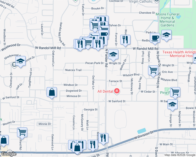 map of restaurants, bars, coffee shops, grocery stores, and more near 820 North Fielder Road in Arlington