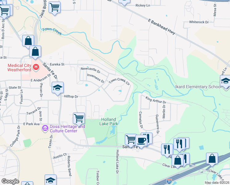 map of restaurants, bars, coffee shops, grocery stores, and more near 2112 Hill Crest Court in Weatherford