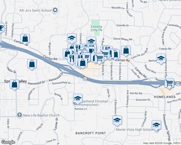 map of restaurants, bars, coffee shops, grocery stores, and more near 9830 Dale Avenue in Spring Valley
