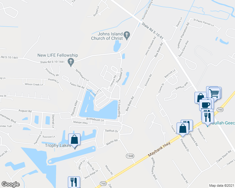 map of restaurants, bars, coffee shops, grocery stores, and more near 2865 Sugarberry Lane in Johns Island
