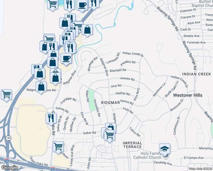 map of restaurants, bars, coffee shops, grocery stores, and more near 6409 Juneau Road in Fort Worth