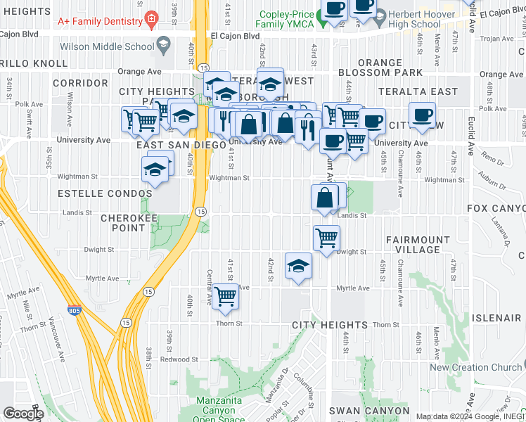 map of restaurants, bars, coffee shops, grocery stores, and more near 4172 Landis Street in San Diego