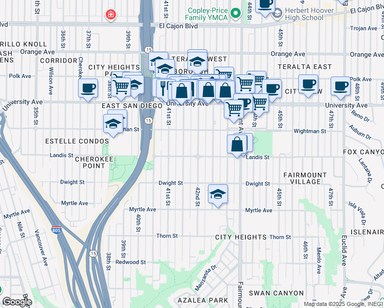 map of restaurants, bars, coffee shops, grocery stores, and more near 4172 Landis Street in San Diego