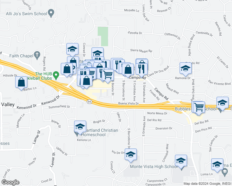 map of restaurants, bars, coffee shops, grocery stores, and more near 3639 South Bonita Street in Spring Valley