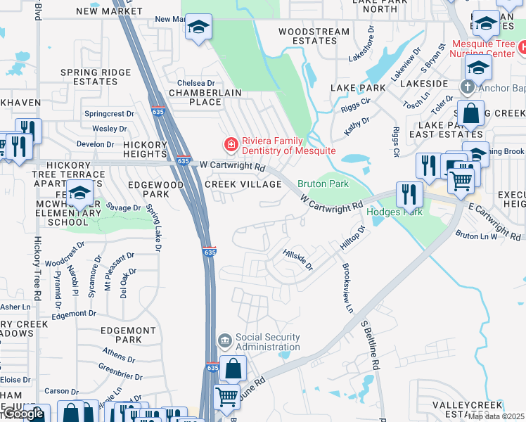 map of restaurants, bars, coffee shops, grocery stores, and more near 800 West Cartwright Road in Mesquite