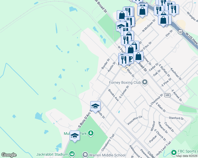 map of restaurants, bars, coffee shops, grocery stores, and more near 209 West Church Street in Forney
